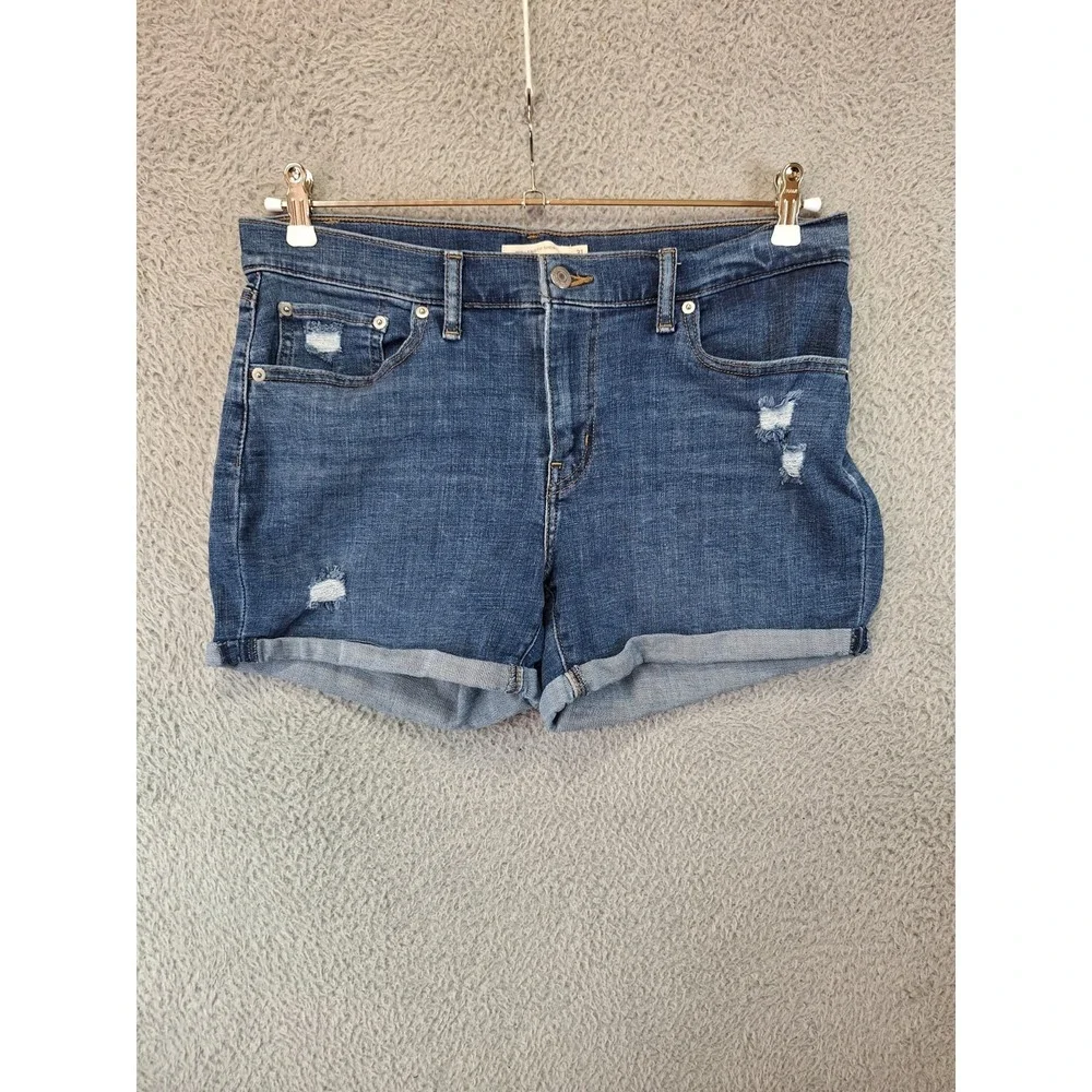Levi's Mid Length Shorts Women 31 (Fits 34W) Blue Denim Cotton Distressed Cuffed